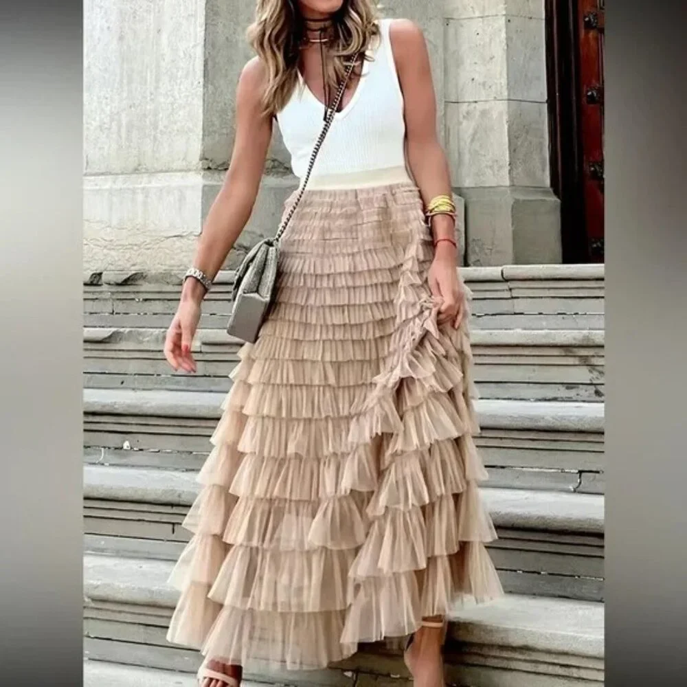 Luxe boho layered mesh maxi skirt